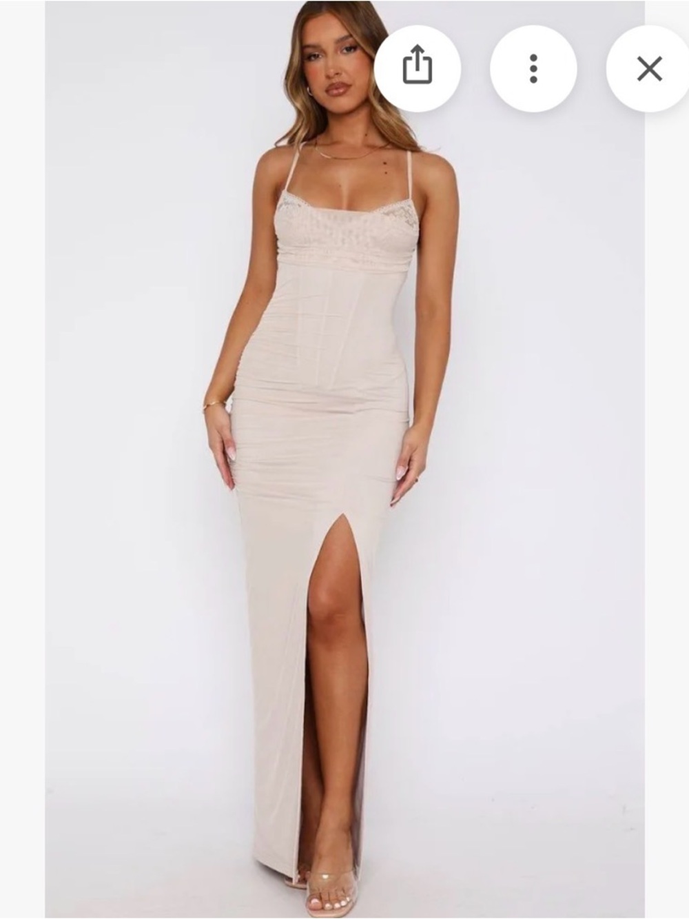 White Fox Boutique Nude Lace-Trim Spaghetti Strap Maxi Dress